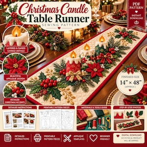 Christmas Table Runner Pattern, Quilted Table Runner Sewing Pattern, Christmas Quilt Pattern PDF, Applique Table Runner, Holiday Sewing
