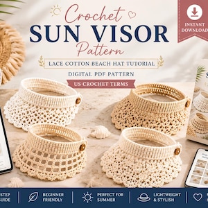 Può includere: Un modello digitale all'uncinetto in PDF per quattro design di visiere parasole, con tutorial per cappelli da spiaggia in cotone lavorato a pizzo. Il set include istruzioni per quattro stili unici, mostrati come visiere bianche e beige.