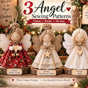May include: Three decorative angel ornaments with twine hair and fabric wings. The left angel wears a red floral dress, the center angel has a lace-trimmed beige dress with a star, and the right angel wears a white dress with a wooden heart.
