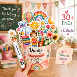 Peut inclure: Une collection d'illustrations numériques montrant un pot de fleurs avec le texte allemand Danke, DASS DU MIR beim WACHSEN geholfen HAST, une personne tenant un cœur, des livres, un arrosoir, un arc-en-ciel, un soleil, une lune, un papillon et une abeille.