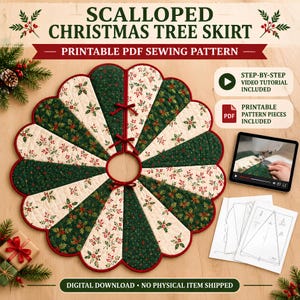 Scalloped Christmas Tree Skirt Pattern PDF Reversible Quilted Holiday Sewing Template 4 Sizes