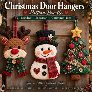 May include: A digital pattern bundle for three Christmas door hangers featuring a quilted reindeer, a snowman, and a Christmas tree. The reindeer has a red nose and plaid scarf, the snowman wears a black hat, and the tree is decorated with ornaments.