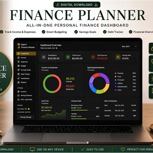 May include: A laptop displaying a dark-themed personal finance dashboard titled Sam's Finance Planner. The screen shows charts, income, expenses, savings goals, and debt tracking. Text includes Digital Download, All-in-One Personal Finance Dashboard.