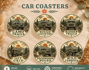 Paquete de imágenes PNG de posavasos para coches todoterreno 4x4 con estampado de camuflaje y diseños de senderos de montaña (descarga instantánea).