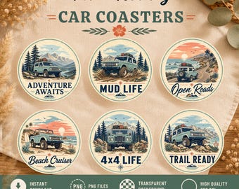 Pacchetto di immagini PNG di sottobicchieri vintage a tema auto 4x4, design per avventure fuoristrada (download immediato)