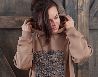 Cappuccino Brown Hoodie: Knitted Square Detail, Trendy Pullover