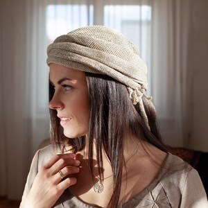 A linen triangle scarf, an artistic headpiece, knitted summer turban, a simple scarf, a beach bandana headband, headcover image 2