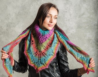 Hand knitted in a gradient lace pattern triangle shawl from soft wool, elegant gift for her