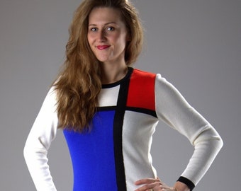 Mondrian 60s color block mod vintage style dress, knitwear fashion sweater dress long sleeve