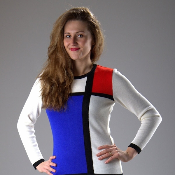 Mondrian 60s color block mod vintage style dress, knitwear fashion sweater dress long sleeve