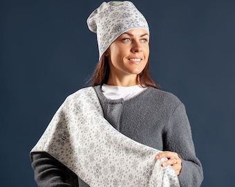 Snowflake dance, hat and scarf with loose ends, knitted set, not chunky knit lightweight wool yarn