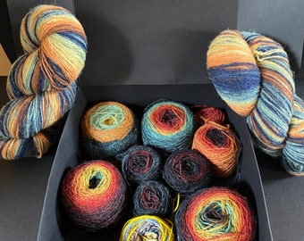 Woolen yarn set, Hand dyed self striping wool,  Multicolour art yarn 750 grams