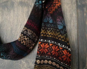 Long scarf fair isle pattern, hand knitted from soft wool with color transitions, set with hat