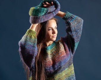 Hand-Knitted Wool Blend Sweater: XL Colorful Knit