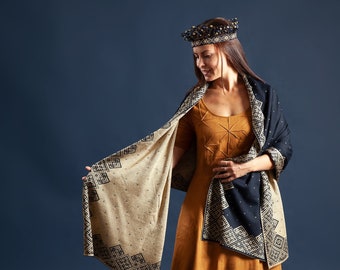 Latvian Folk shawl, Viking style knitted wrap with the pattern of Latvia, elegant scarf for her, dark blue with light gilded silk