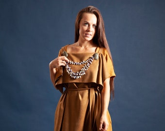 Linen Viking Apron Dress: Kauri Shell Beads, Tortoise Brooches