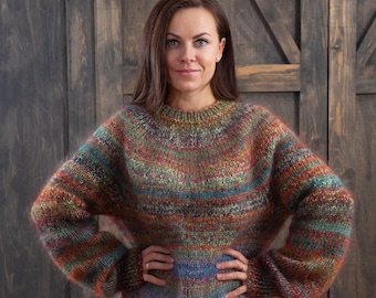 Reversible Hand-Knit Sweater: Multi-Color Warm Pullover - XL