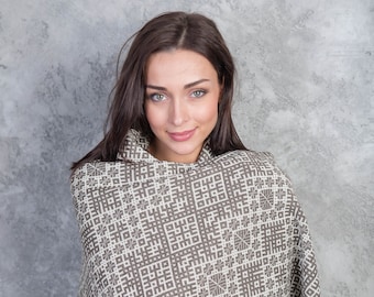 Shoulder shawl, dark beige with white, Latvian folk knitted wrap with the pattern of Lielvarde