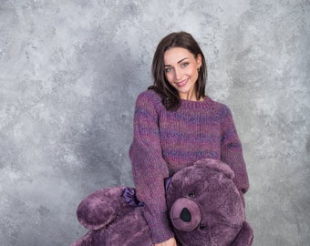 Purple long loose sweater of yarn mix, thick warm, XXL, winter jumper hand knitted from wool for her