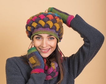 Art deco hat with cowl, rainbow wool beanie, hand knitted set