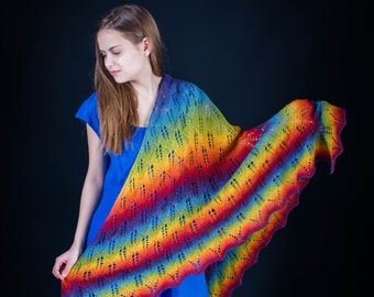 Rainbow lace triangular shawl, hand knit wrap from wool, ready to ship