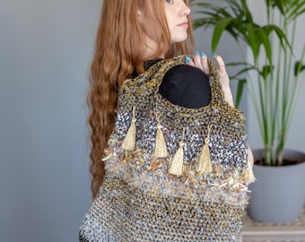 Handmade knitted  bag with gold tassels, crochet tote for your artistic appearance