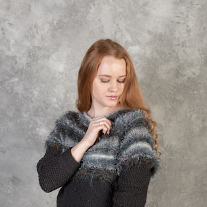 Gray sweater with decorative chest accent hand knitted from wool, M-size