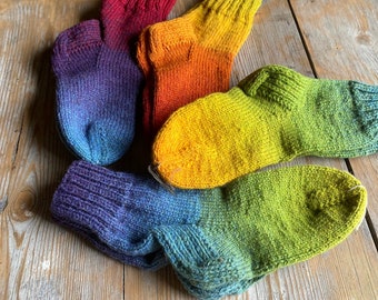 Thick warm socks from wool in toned sea and lime color transition Kauni yarn, hand knitted gift for her