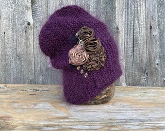 Purple warm, soft knitted elegant hat with rose embroidery, applique artistic appearance hat