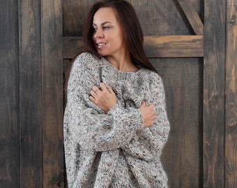 Handmade sweater, gray to white and brown ombre, warm oversized knit, cozy fashion, gift for Her, unique Sweater