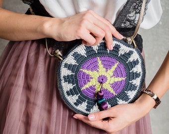 Crochet shoulder Mandala bag, small round purse, tapestry  crochet wayuu Mochila style