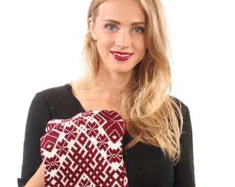 Red white unisex circle scarf, loop scarf with Latvian symbols, handmade
