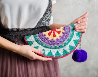 Colorful hand crocheted moon clutch, Mandala bag, scrap yarn bag, purse with a lining, zipper pouch