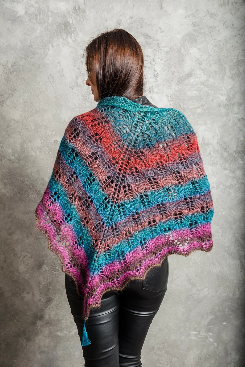 Rainbow hand knitted lace shawl, Triangle wrap, shawl with tassel, gift for her 画像 2