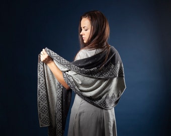 Elegant shawl graphite gray with silver knitted shoulder shawl, handmade wrap from soft wool and silver viscose thread, gift for her