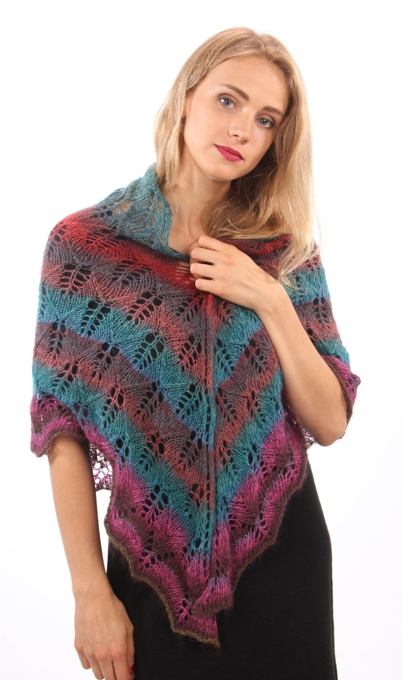 Rainbow hand knitted lace shawl, Triangle wrap, shawl with tassel, gift for her 画像 9