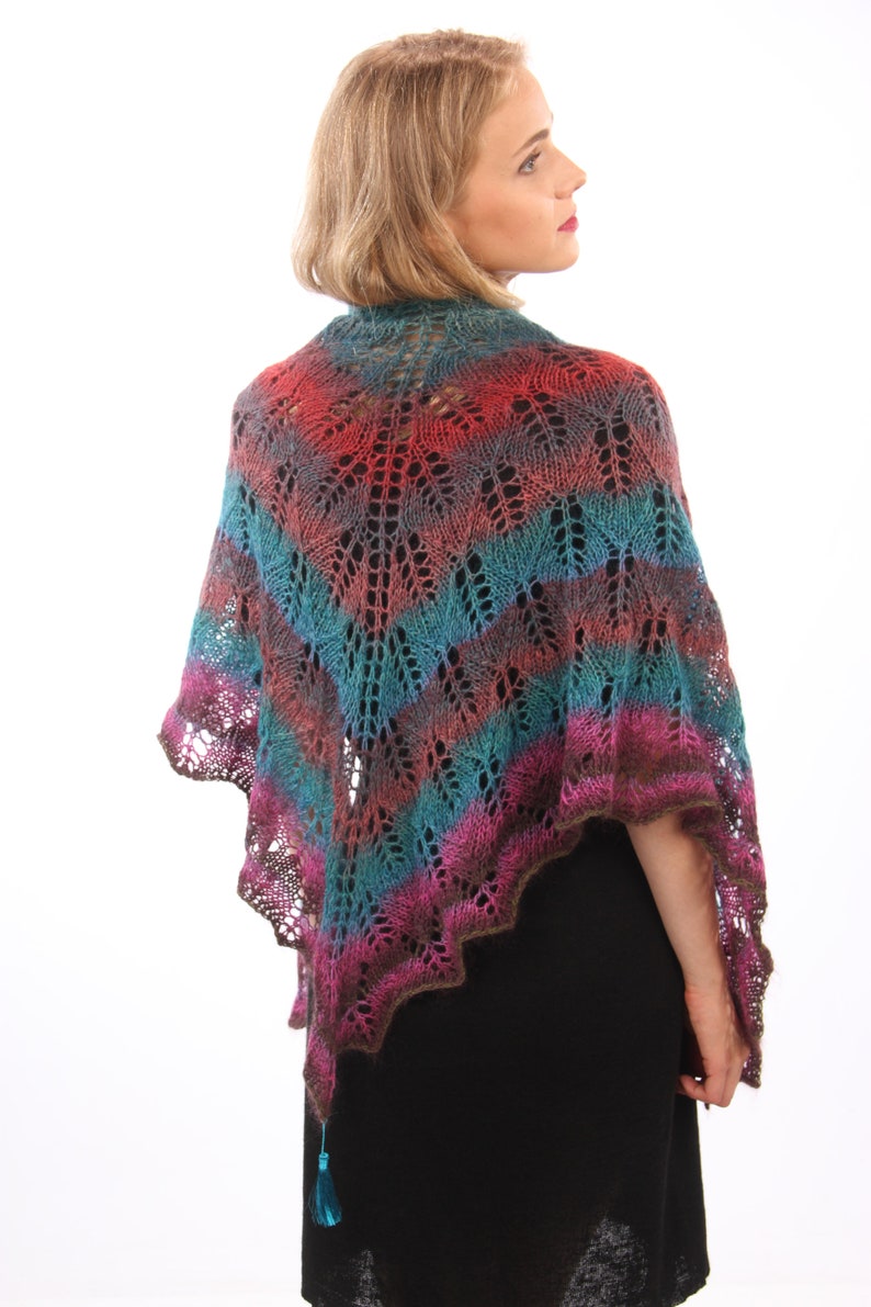 Rainbow hand knitted lace shawl, Triangle wrap, shawl with tassel, gift for her 画像 8