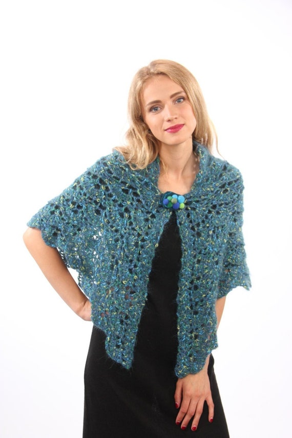 Blue Crochet Shawl, Lace Scarf, Soft Wrap From Wool Mixed With