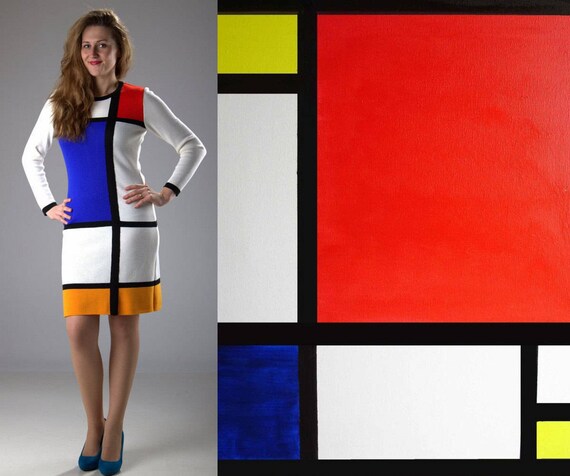 White Mondrian Dress Color Block Dress Handmade Knitted Etsy