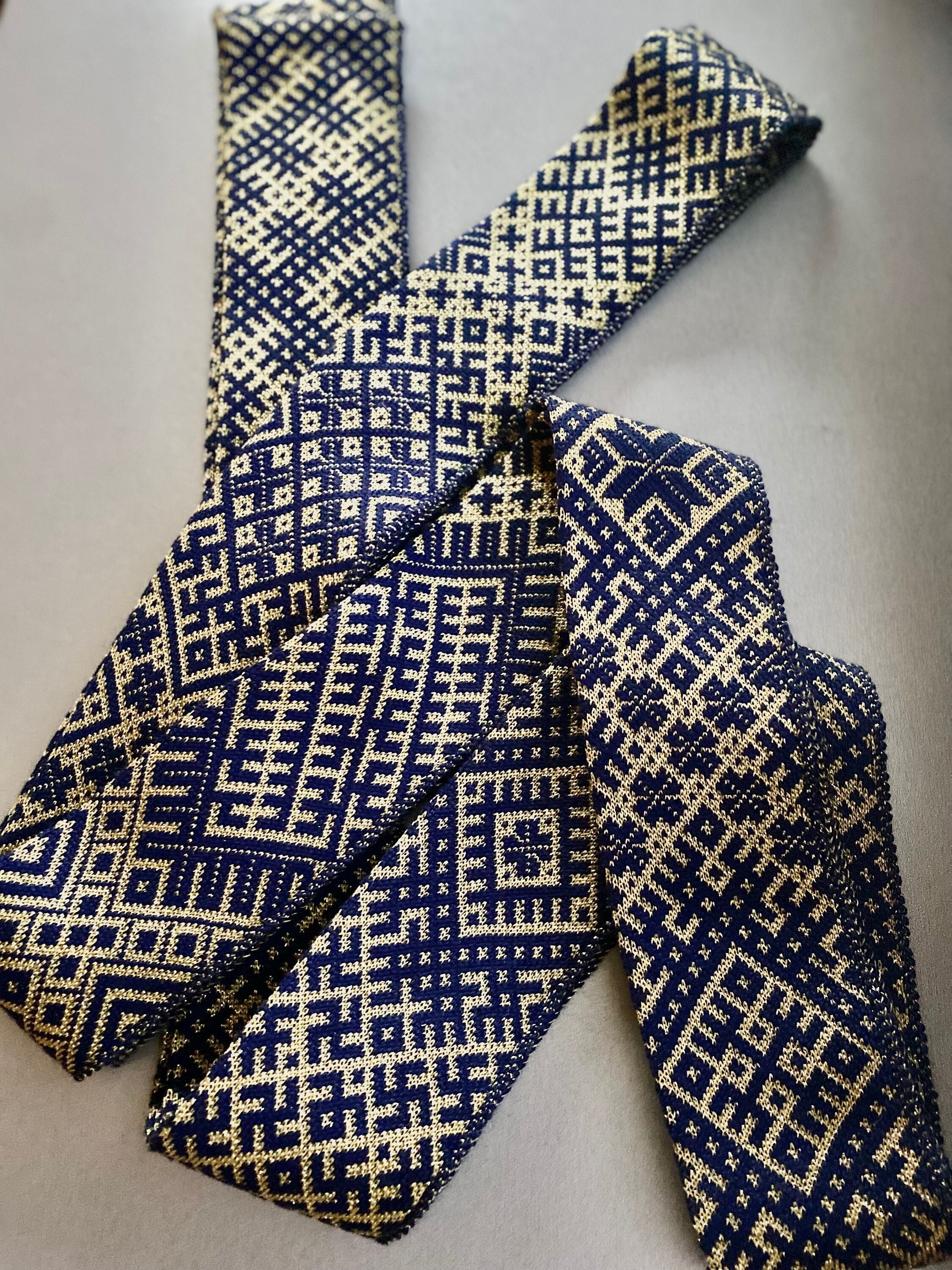 Lielvarde Belt Blue Knitted Folk Accessory With Gold Pattern Etsy