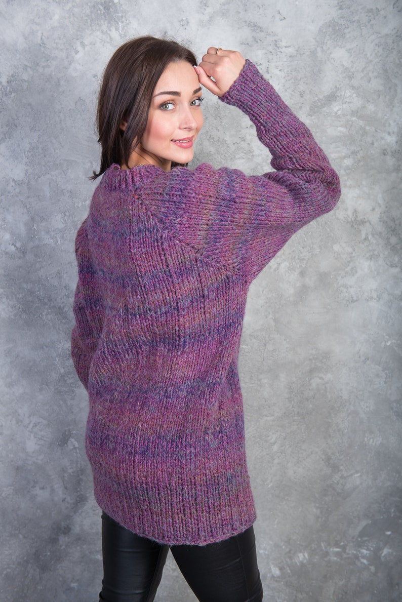 Purple long loose sweater of yarn mix thick warm XXL winter | Etsy