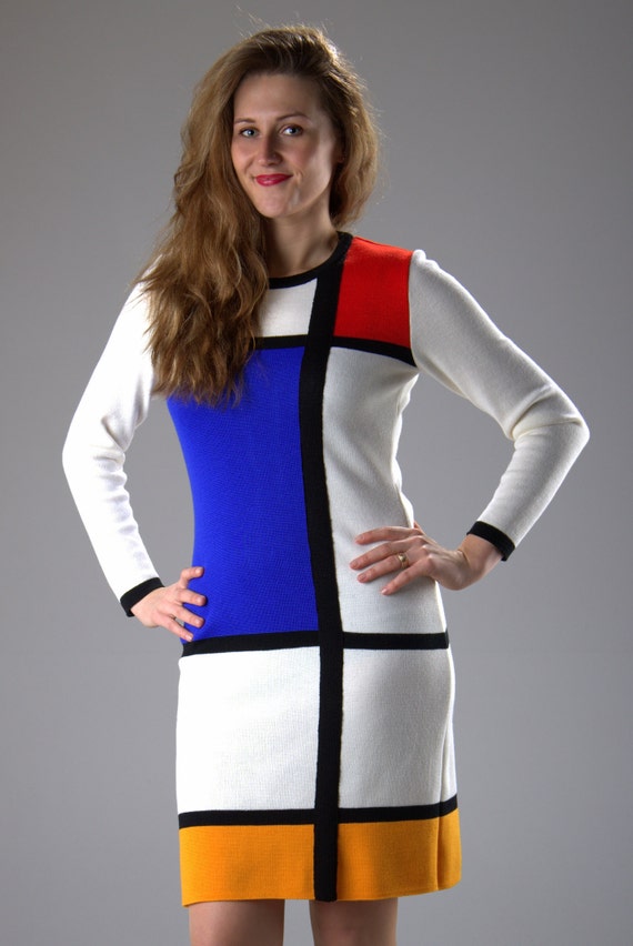 White Mondrian Dress Color Block Dress Handmade Knitted Etsy