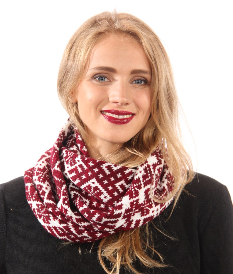 Red White Unisex Circle Scarf, Loop Scarf With Latvian Symbols