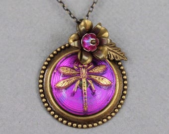 Fuchsia Dragonfly - Czech glass button necklace, up-cycled jewelry, repurposed jewelry, bug insect flower necklace