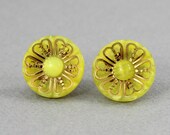 Gilded Sunny Yellow Daisies - vintage glass button post earrings, repurposed, up-cycled, surgical steel post earrings