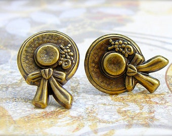 Summer Hat antique brass post earrings - P193