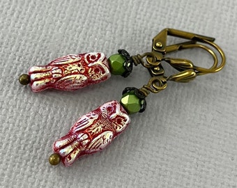 Iridescent Owl - Victorian vintage style antique brass drop earrings, tiny earrings, little earrings, small bird earrings, nature jewelry