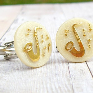 Saxophone Cufflinks Let the Music Flow Collection Vintage glass cufflinks, saxophone cufflinks, wedding, dad gift image 1