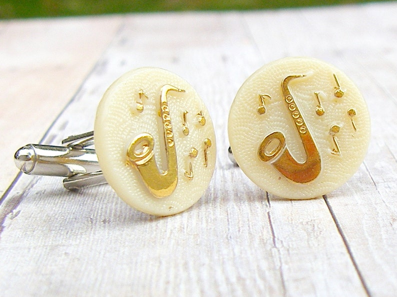 Saxophone Cufflinks Let the Music Flow Collection Vintage glass cufflinks, saxophone cufflinks, wedding, dad gift image 1