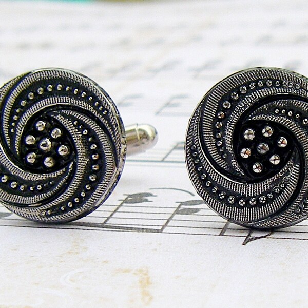 Silver Whirlwind - Vintage glass button cufflinks, repurposed, up cycled cuff links